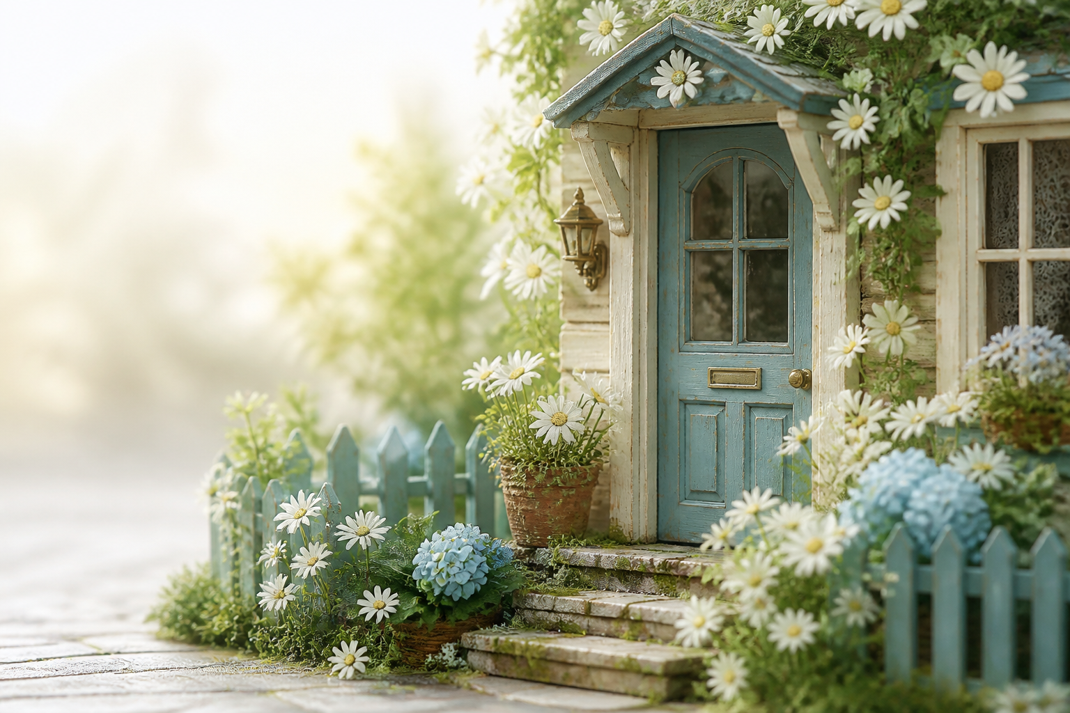 A blue-door dollhouse boutique surrounded by daisies and hydrangeas