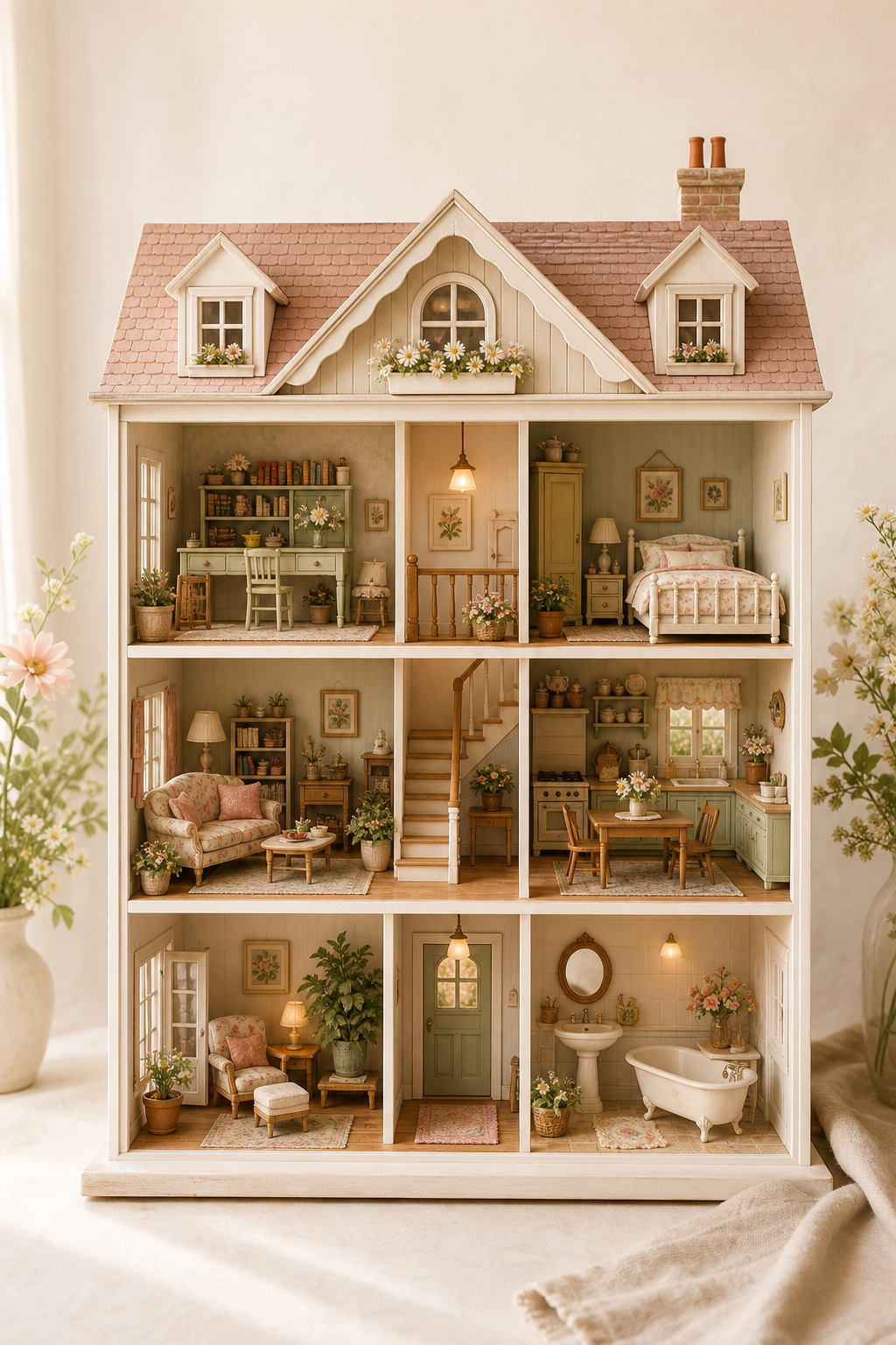 A cozy open dollhouse filled with miniature rooms and tiny decor